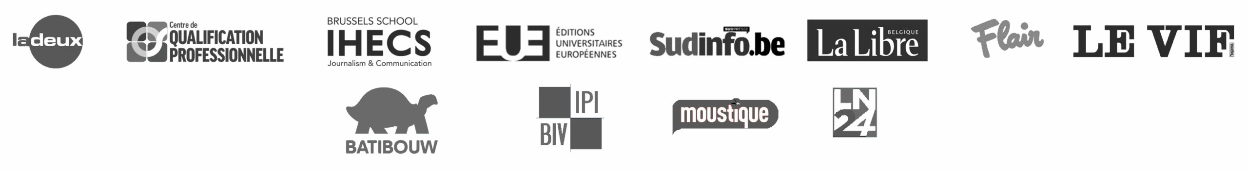 Logos des médias : La Deux, La Libre, Le Vif, Sudinfo, Moustique, LN24, Flair, Batibouw, IHECS, IPI
